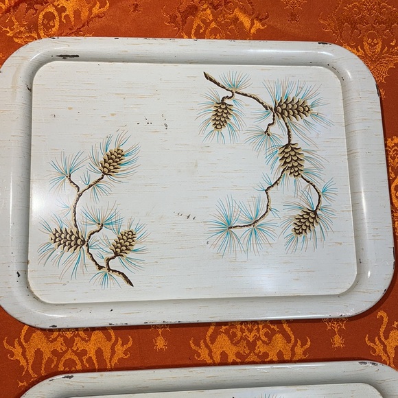 Vintage Mid Century Modern Metal Serving Trays! Pine Cone Decor! - Picture 2 of 14